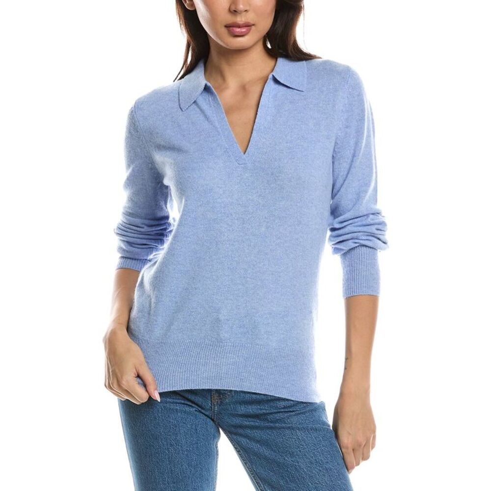 Forte Cashmere Womens  Split Neck 100% Cashmere Polo Sweater, Blue